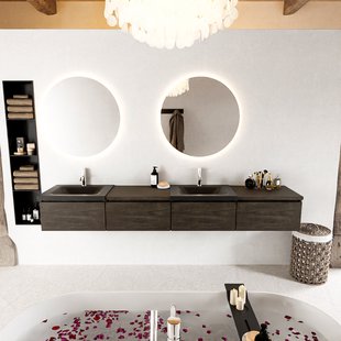 MONDIAZ BUKLA 240cm badmeubel met module 60 rechts kleur Dark Brown met 4 lades. Wastafel CLOUD dubbel 2 kraangaten kleur Urban.