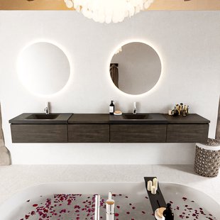 MONDIAZ BUKLA 280cm badmeubel met module 60 links kleur Dark Brown met 4 lades. Wastafel CLOUD dubbel 2 kraangaten kleur Urban.