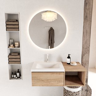 MONDIAZ BUKLA 100cm badmeubel met open module 40 kleur Washed Oak met 1 lade. Wastafel CLOUD links 1 kraangat kleur Talc.