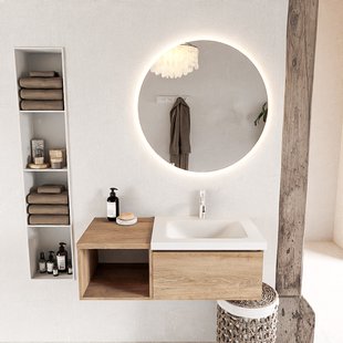 MONDIAZ BUKLA 100cm badmeubel met open module 40 kleur Washed Oak met 1 lade. Wastafel CLOUD rechts 1 kraangat kleur Talc.