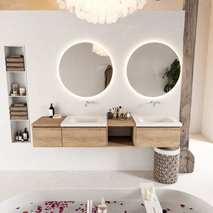 MONDIAZ BUKLA 200cm badmeubel met open module 40 rechts kleur Washed Oak met 3 lades. Wastafel CLOUD dubbel 0 kraangaten kleur Talc.