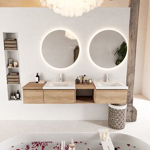 MONDIAZ BUKLA 200cm badmeubel met open module 40 rechts kleur Washed Oak met 3 lades. Wastafel CLOUD dubbel 2 kraangaten kleur Talc.