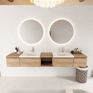 MONDIAZ BUKLA 240cm badmeubel met open module 40 midden kleur Washed Oak met 4 lades. Wastafel CLOUD dubbel 2 kraangaten kleur Talc.