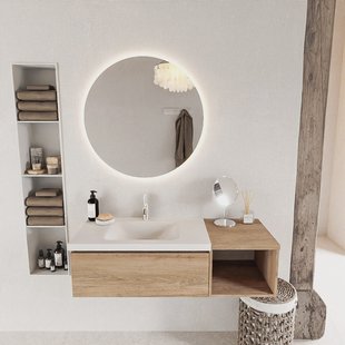 MONDIAZ BUKLA 120cm badmeubel met open module 40 kleur Washed Oak met 1 lade. Wastafel CLOUD links 1 kraangat kleur Talc.