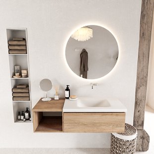 MONDIAZ BUKLA 120cm badmeubel met open module 40 kleur Washed Oak met 1 lade. Wastafel CLOUD rechts 0 kraangaten kleur Talc.