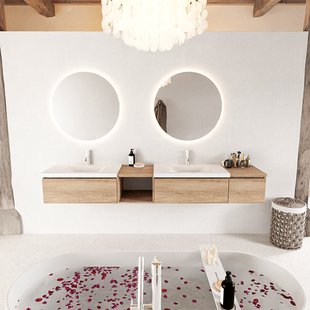 MONDIAZ BUKLA 240cm badmeubel met open module 40 links kleur Washed Oak met 3 lades. Wastafel CLOUD dubbel 2 kraangaten kleur Talc.