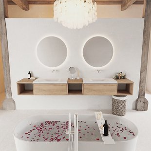 MONDIAZ BUKLA 280cm badmeubel met open module 40 L+M+R kleur Washed Oak met 2 lades. Wastafel CLOUD dubbel 0 kraangaten kleur Talc.