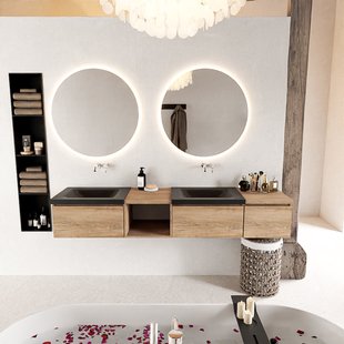 MONDIAZ BUKLA 200cm badmeubel met open module 40 links kleur Washed Oak met 3 lades. Wastafel CLOUD dubbel 0 kraangaten kleur Urban.