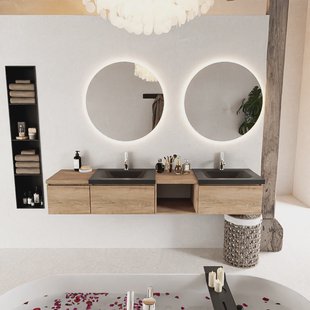 MONDIAZ BUKLA 200cm badmeubel met open module 40 rechts kleur Washed Oak met 3 lades. Wastafel CLOUD dubbel 2 kraangaten kleur Urban.