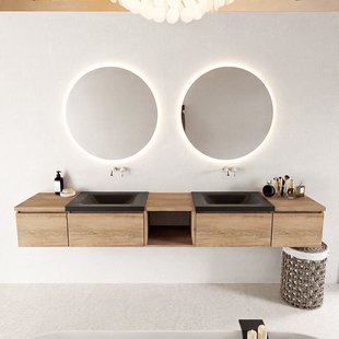 MONDIAZ BUKLA 240cm badmeubel met open module 40 midden kleur Washed Oak met 4 lades. Wastafel CLOUD dubbel 0 kraangaten kleur Urban.