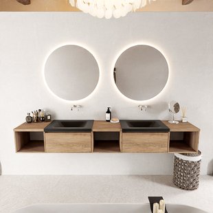 MONDIAZ BUKLA 240cm badmeubel met open module 40 L+M+R kleur Washed Oak met 2 lades. Wastafel CLOUD dubbel 0 kraangaten kleur Urban.