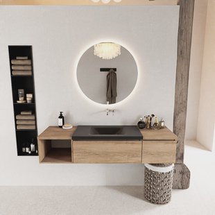 MONDIAZ BUKLA 160cm badmeubel met open module 40 links kleur Washed Oak met 2 lades. Wastafel CLOUD midden 0 kraangaten kleur Urban.