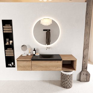 MONDIAZ BUKLA 160cm badmeubel met open module 40 rechts kleur Washed Oak met 2 lades. Wastafel CLOUD midden 0 kraangaten kleur Urban.