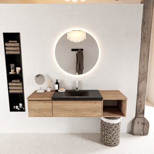 MONDIAZ BUKLA 160cm badmeubel met open module 40 rechts kleur Washed Oak met 2 lades. Wastafel CLOUD midden 1 kraangat kleur Urban.