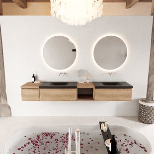 MONDIAZ BUKLA 240cm badmeubel met open module 40 rechts kleur Washed Oak met 3 lades. Wastafel CLOUD dubbel 0 kraangaten kleur Urban.