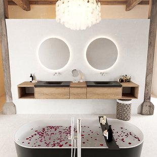 MONDIAZ BUKLA 280cm badmeubel met open module 40 L+R kleur Washed Oak met 3 lades. Wastafel CLOUD dubbel 0 kraangaten kleur Urban.