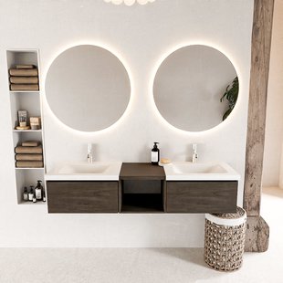 MONDIAZ BUKLA 160cm badmeubel met open module 40 kleur Dark Brown met 2 lades. Wastafel CLOUD dubbel 2 kraangaten kleur Talc.