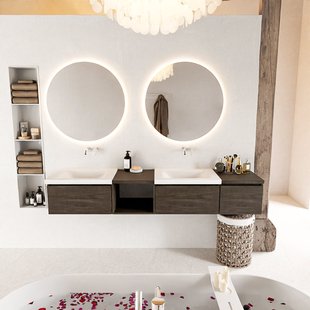 MONDIAZ BUKLA 200cm badmeubel met open module 40 links kleur Dark Brown met 3 lades. Wastafel CLOUD dubbel 0 kraangaten kleur Talc.