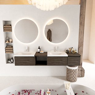 MONDIAZ BUKLA 200cm badmeubel met open module 40 links kleur Dark Brown met 3 lades. Wastafel CLOUD dubbel 2 kraangaten kleur Talc.