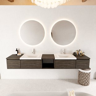 MONDIAZ BUKLA 240cm badmeubel met open module 40 midden kleur Dark Brown met 4 lades. Wastafel CLOUD dubbel 2 kraangaten kleur Talc.