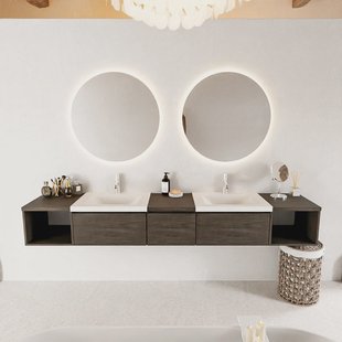 MONDIAZ BUKLA 240cm badmeubel met open module 40 L+R kleur Dark Brown met 3 lades. Wastafel CLOUD dubbel 2 kraangaten kleur Talc.