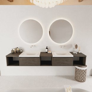 MONDIAZ BUKLA 240cm badmeubel met open module 40 L+M+R kleur Dark Brown met 2 lades. Wastafel CLOUD dubbel 0 kraangaten kleur Talc.