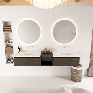 MONDIAZ BUKLA 200cm badmeubel met open module 40 kleur Dark Brown met 2 lades. Wastafel CLOUD dubbel 0 kraangaten kleur Talc.