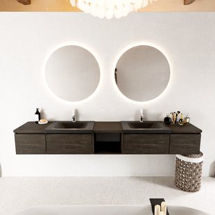 MONDIAZ BUKLA 240cm badmeubel met open module 40 midden kleur Dark Brown met 4 lades. Wastafel CLOUD dubbel 2 kraangaten kleur Urban.