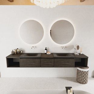 MONDIAZ BUKLA 240cm badmeubel met open module 40 L+R kleur Dark Brown met 3 lades. Wastafel CLOUD dubbel 0 kraangaten kleur Urban.