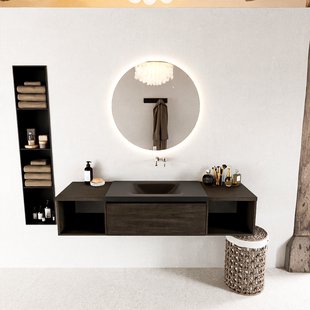 MONDIAZ BUKLA 160cm badmeubel met open module 40 L+R kleur Dark Brown met 2 lades. Wastafel CLOUD midden 0 kraangaten kleur Urban.