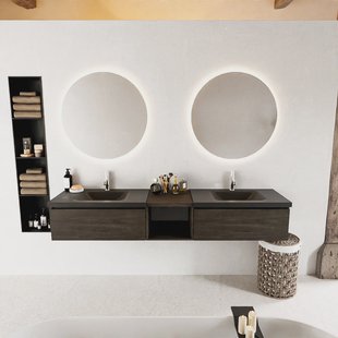 MONDIAZ BUKLA 200cm badmeubel met open module 40 kleur Dark Brown met 2 lades. Wastafel CLOUD dubbel 2 kraangaten kleur Urban.