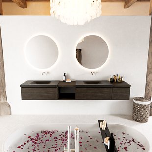 MONDIAZ BUKLA 240cm badmeubel met open module 40 links kleur Dark Brown met 3 lades. Wastafel CLOUD dubbel 0 kraangaten kleur Urban.