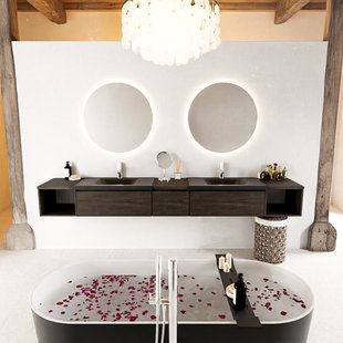 MONDIAZ BUKLA 280cm badmeubel met open module 40 L+R kleur Dark Brown met 3 lades. Wastafel CLOUD dubbel 2 kraangaten kleur Urban.