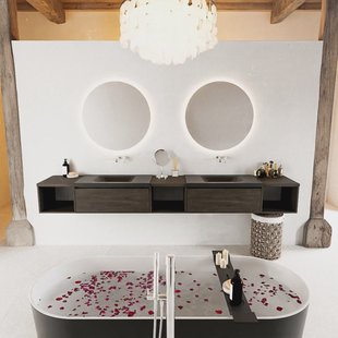 MONDIAZ BUKLA 280cm badmeubel met open module 40 L+M+R kleur Dark Brown met 2 lades. Wastafel CLOUD dubbel 0 kraangaten kleur Urban.