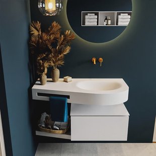 MONDIAZ RIVA 100cm badmeubel onderkast / planchet kleur Talc met 1 lade. Wastafel DULCET rechts 0 kraangaten kleur Talc.