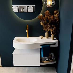 MONDIAZ RIVA 100cm badmeubel onderkast / planchet kleur Talc met 1 lade. Wastafel DULCET links 1 kraangat kleur Talc.