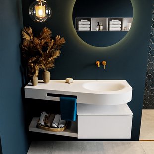 MONDIAZ RIVA 120cm badmeubel onderkast / planchet kleur Talc met 1 lade. Wastafel DULCET rechts 0 kraangaten kleur Talc.