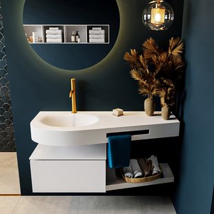 MONDIAZ RIVA 120cm badmeubel onderkast / planchet kleur Talc met 1 lade. Wastafel DULCET links 1 kraangat kleur Talc.