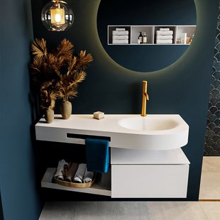 MONDIAZ RIVA 120cm badmeubel onderkast / planchet kleur Talc met 1 lade. Wastafel DULCET rechts 1 kraangat kleur Talc.