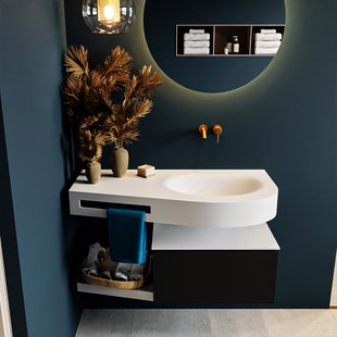 MONDIAZ RIVA 100cm badmeubel onderkast / planchet kleur Urban met 1 lade. Wastafel DULCET rechts 0 kraangaten kleur Talc.