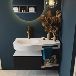 MONDIAZ RIVA 100cm badmeubel onderkast / planchet kleur Urban met 1 lade. Wastafel DULCET links 1 kraangat kleur Talc.