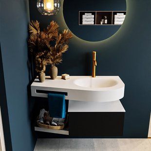 MONDIAZ RIVA 100cm badmeubel onderkast / planchet kleur Urban met 1 lade. Wastafel DULCET rechts 1 kraangat kleur Talc.