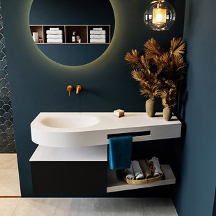 MONDIAZ RIVA 120cm badmeubel onderkast / planchet kleur Urban met 1 lade. Wastafel DULCET links 0 kraangaten kleur Talc.
