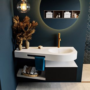 MONDIAZ RIVA 120cm badmeubel onderkast / planchet kleur Urban met 1 lade. Wastafel DULCET rechts 1 kraangat kleur Talc.