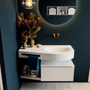 MONDIAZ RIVA 100cm badmeubel onderkast / planchet kleur Linen met 1 lade. Wastafel DULCET rechts 0 kraangaten kleur Talc.