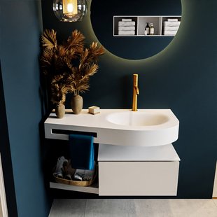 MONDIAZ RIVA 100cm badmeubel onderkast / planchet kleur Linen met 1 lade. Wastafel DULCET rechts 1 kraangat kleur Talc.