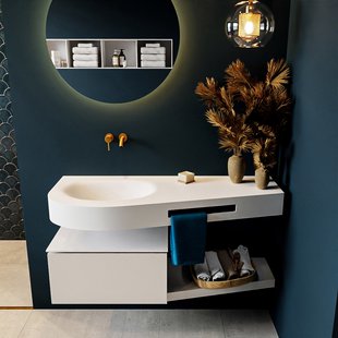 MONDIAZ RIVA 120cm badmeubel onderkast / planchet kleur Linen met 1 lade. Wastafel DULCET links 0 kraangaten kleur Talc.