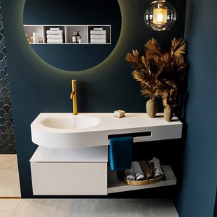 MONDIAZ RIVA 120cm badmeubel onderkast / planchet kleur Linen met 1 lade. Wastafel DULCET links 1 kraangat kleur Talc.