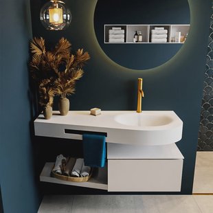 MONDIAZ RIVA 120cm badmeubel onderkast / planchet kleur Linen met 1 lade. Wastafel DULCET rechts 1 kraangat kleur Talc.