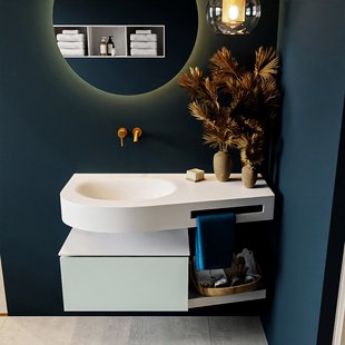 MONDIAZ RIVA 100cm badmeubel onderkast / planchet kleur Greey met 1 lade. Wastafel DULCET links 0 kraangaten kleur Talc.